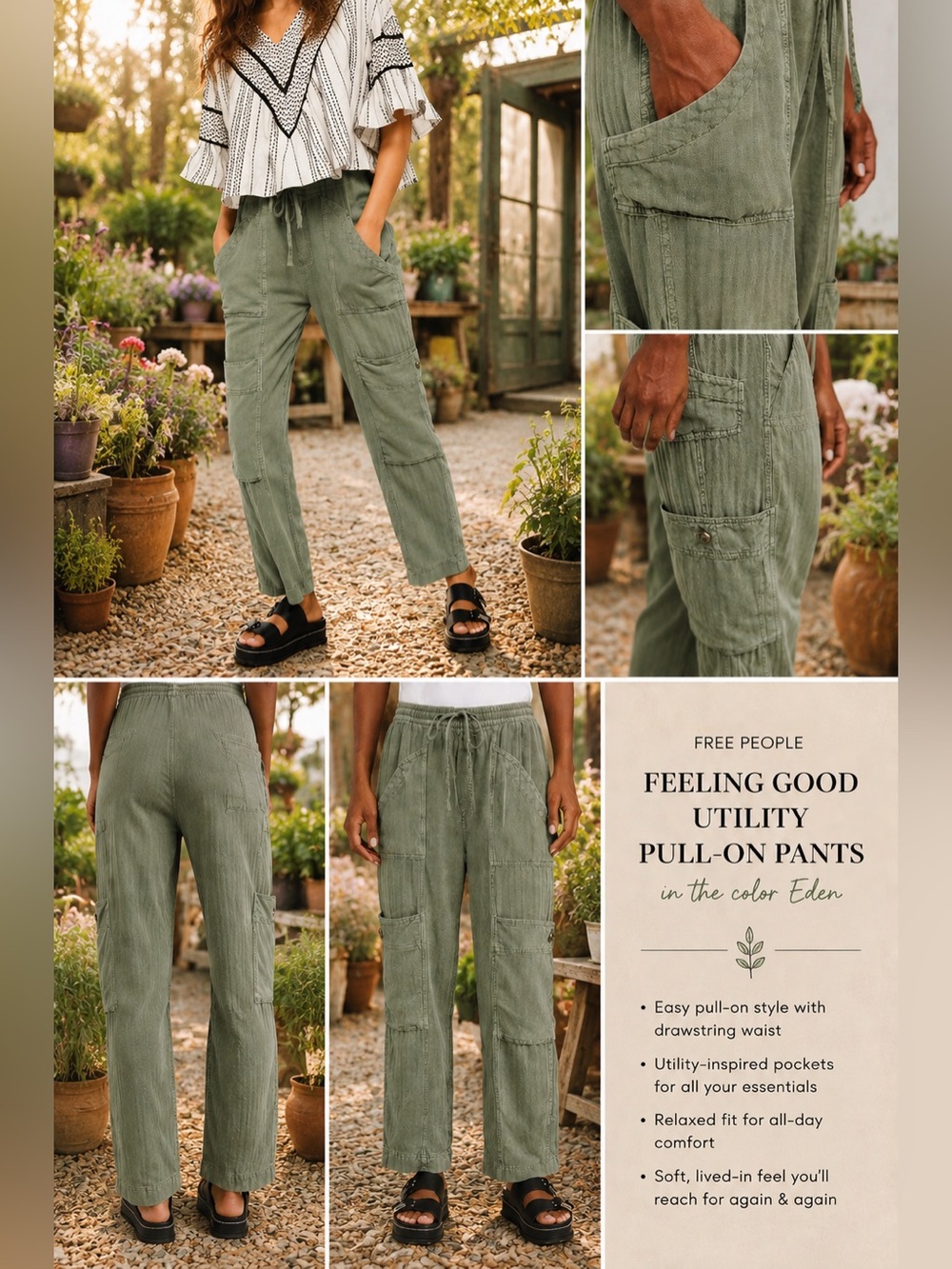Free People Feeling Good Utility Pull-On Pants in the color Eden